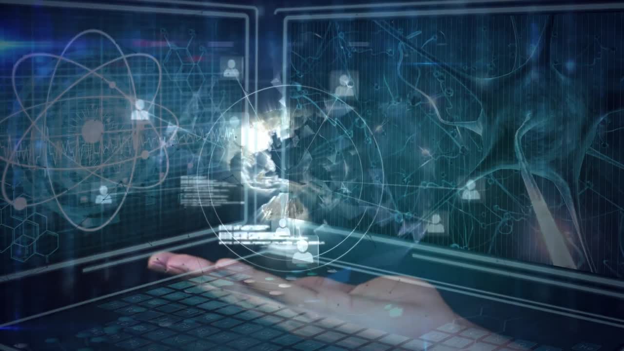 animación de la mano con el globo sobre pantallas con datos científicos