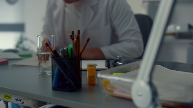 posto di lavoro del medico clinica moderna closeup. consultazione medica online in ospedale.