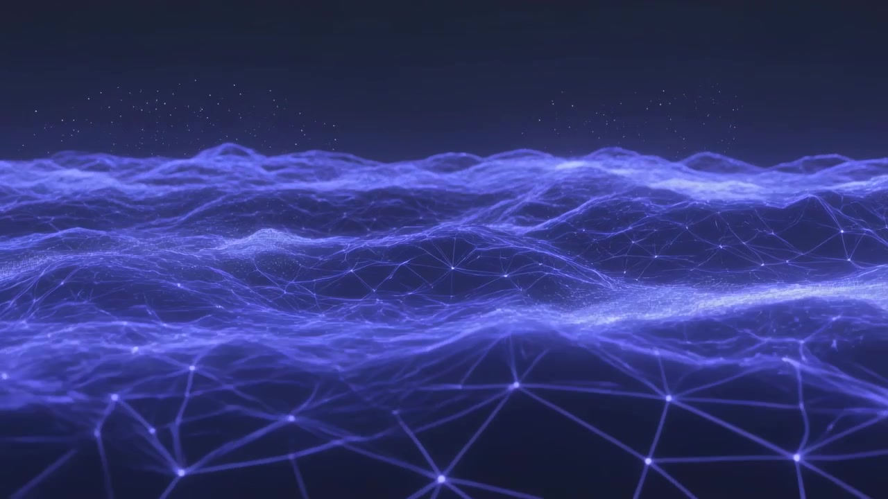 Undulating glowing triangular mesh responding to ridges lifting, advancing across plane with nodes
