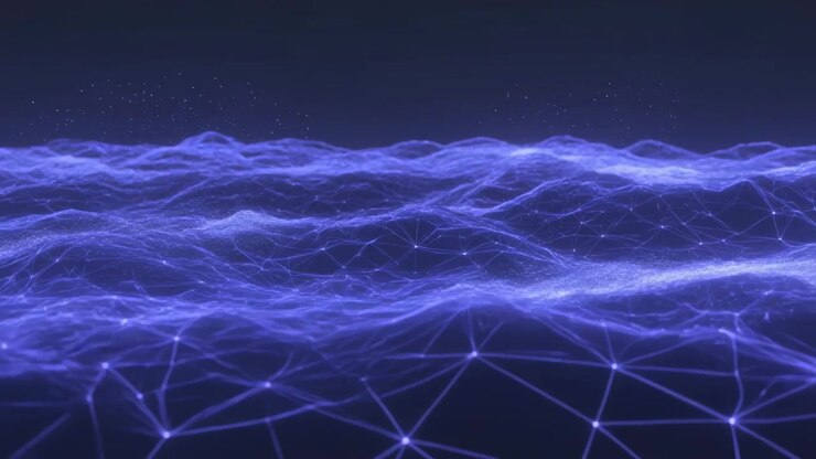 Undulating glowing triangular mesh responding to ridges lifting, advancing across plane with nodes