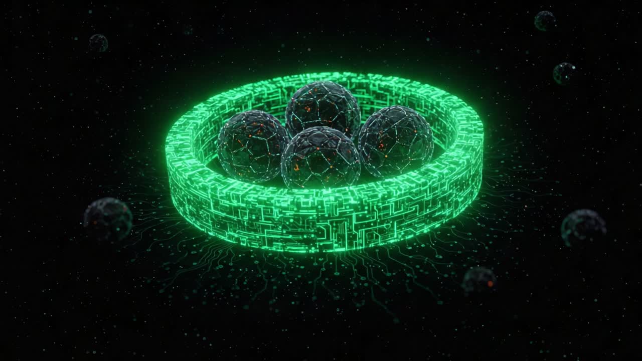 A Stunning Digital Artwork Featuring a Glowing Green Ring Encircling Several Dark Spheres with Intricate Circuit Patterns, Set Against a Mysterious Black Background