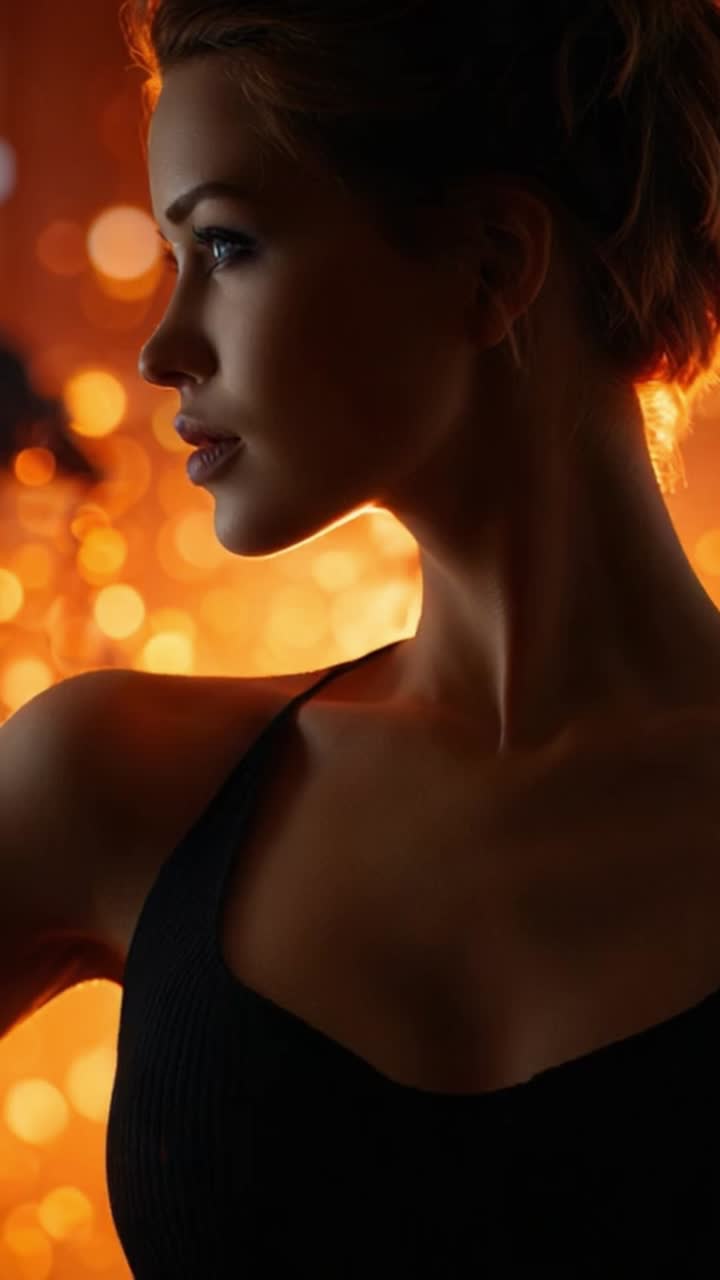 Un viaggio affascinante attraverso l'enigmatica silhouette di una donna illuminata da un caldo sfondo da sogno di luci scintillanti e ombre
