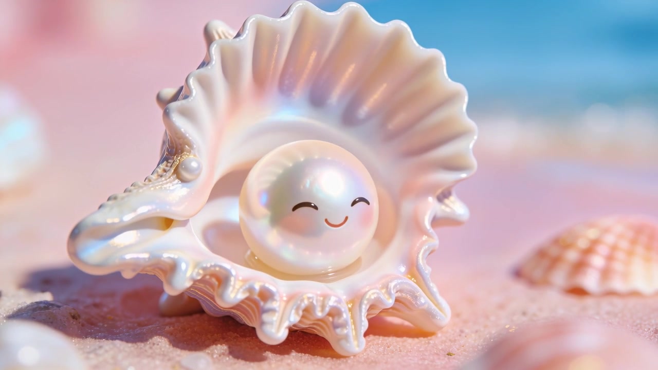 Rotating iridescent conch shell revealing glossy smiling pearl on pink sand, camera pulling back