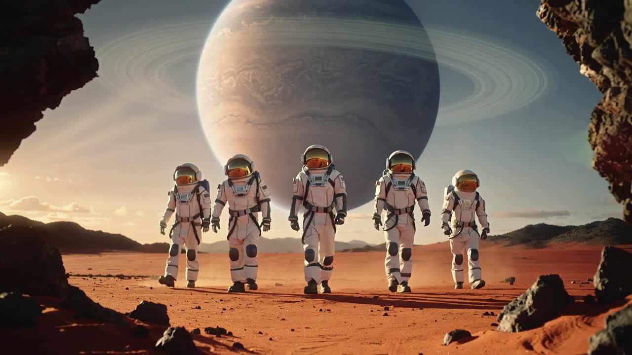 Reagerer på kommando, fem astronauter i rumdragter bevæger sig mod kameraet på en rød slette med en ringplanet
