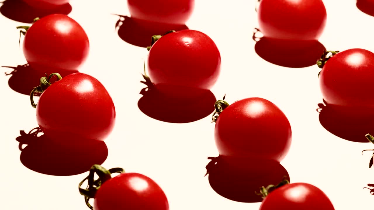 색 배경 위에 회전하는 체리 토마토