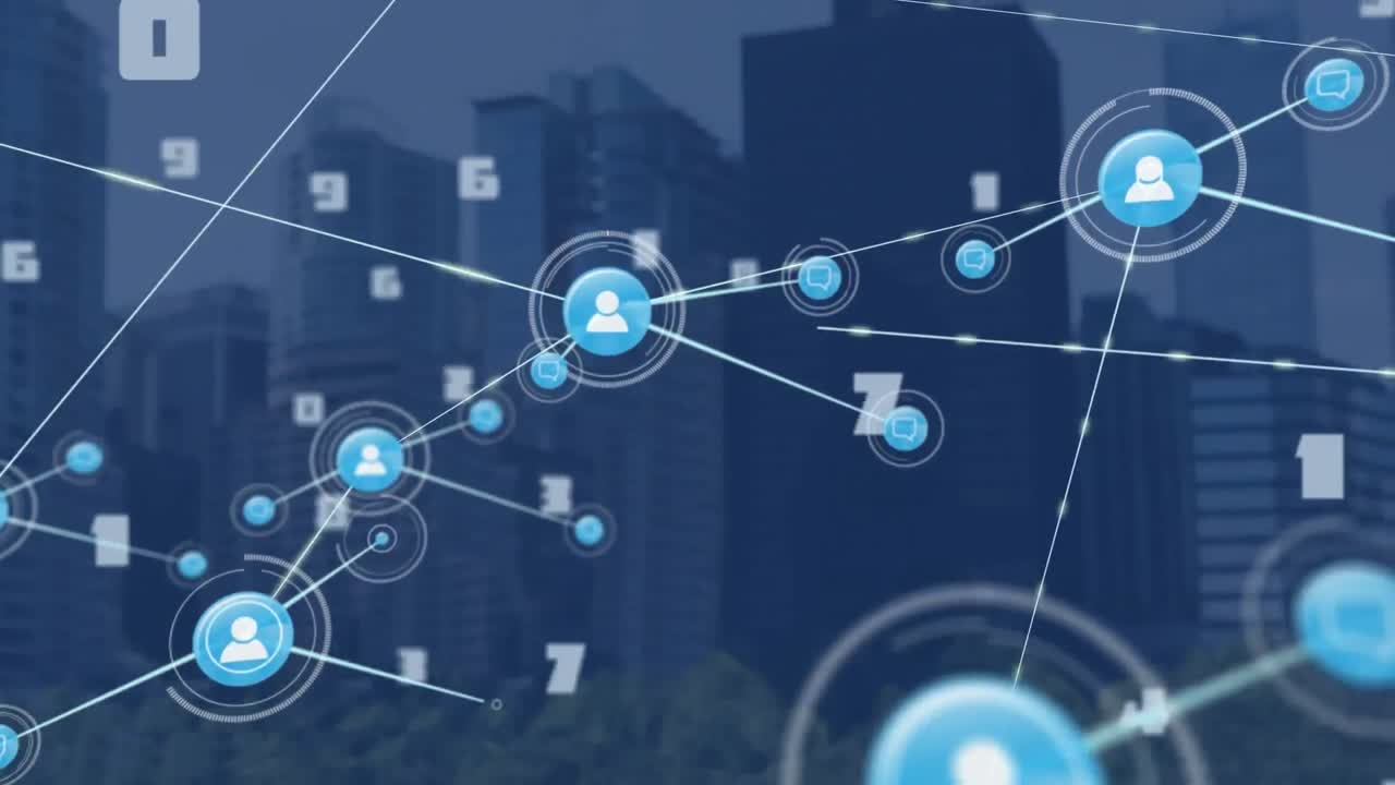 Animation of network of connections with icons over cityscape