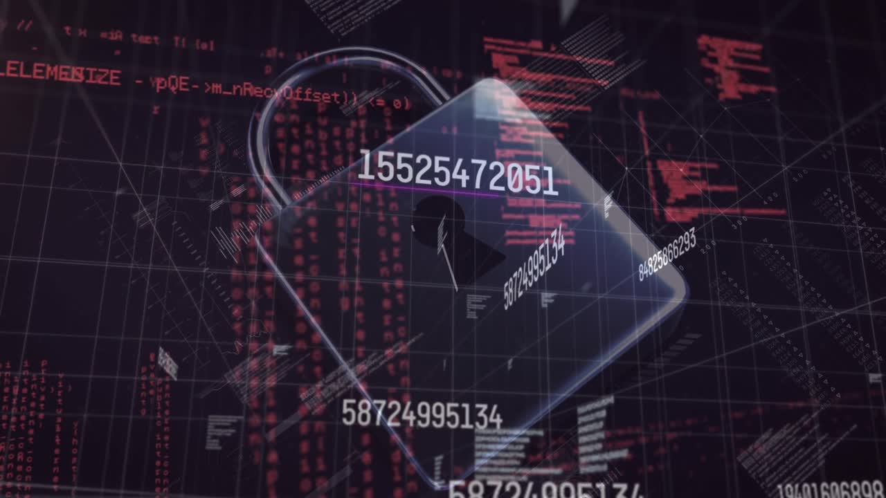 Animation of security padlock over data processing on dark background