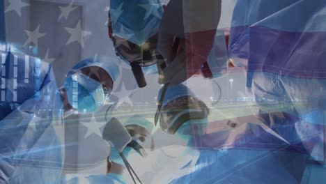 animation of american flag over doctors during surgery