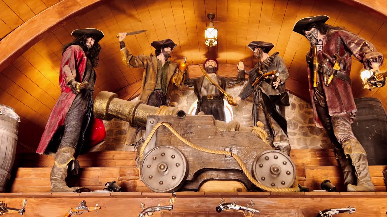 Lifelike pirate figures, wooden cannon inside museum at Volcanic Park, Mexico