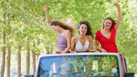 girlfriends standing in an open top car with arms in the air