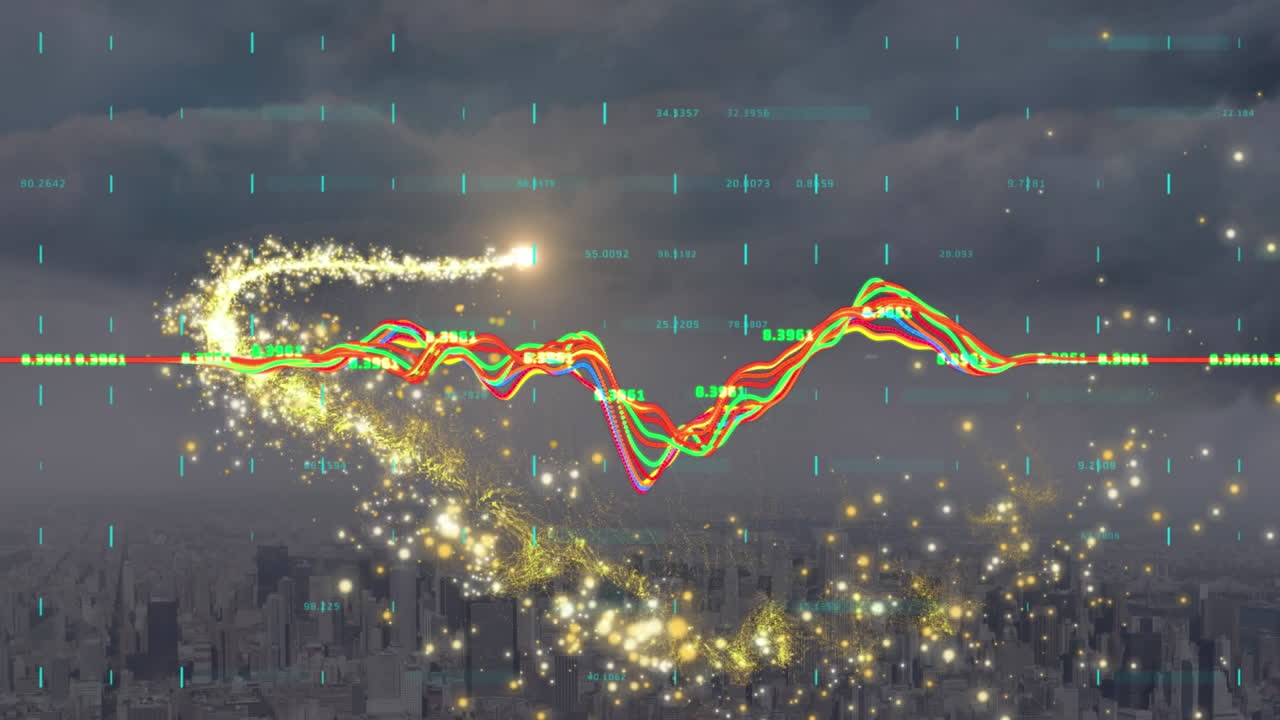 ⁇ 는 별과 도시 풍경 위에서 금융 데이터 처리의 애니메이션