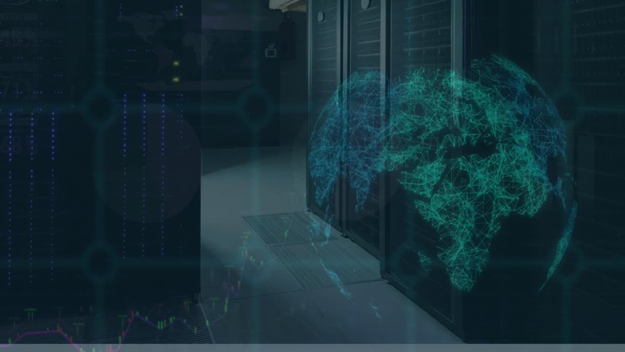 Animation of data processing over spinning globe against computer server room