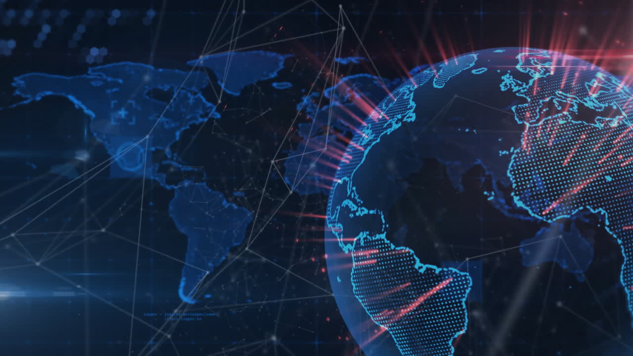 World map and digital globe with data points, global network animation