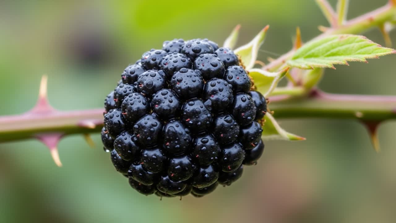 A Captivating Close-Up of a Dew-Kissed Blackberry Nestled Among Thorny Vines, Showcasing Nature's Beauty and Intricacies in Every Detail