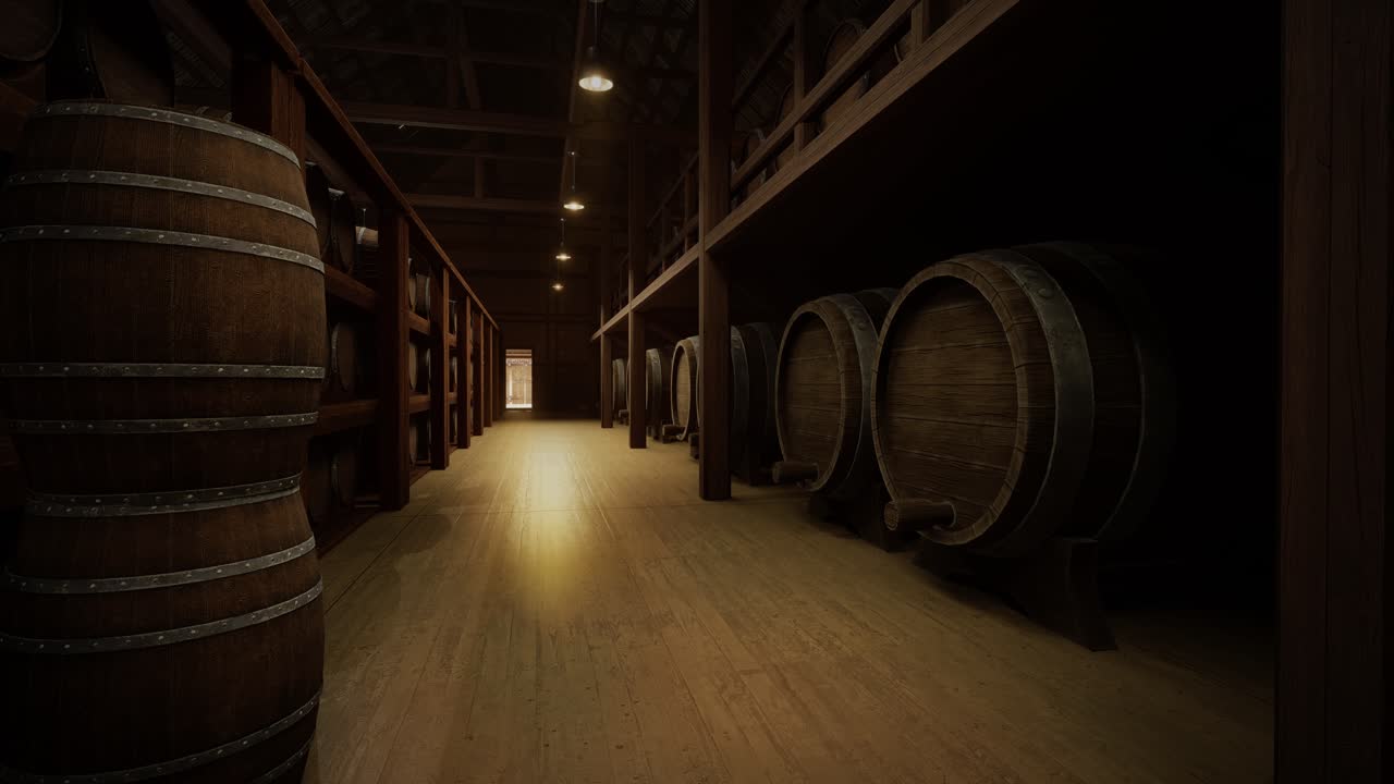 almacenamiento de barriles de vino en la bóveda de vinos. barriles de coñac, vino o whisky. barrilles de vino de roble de madera. almacén de alcohol