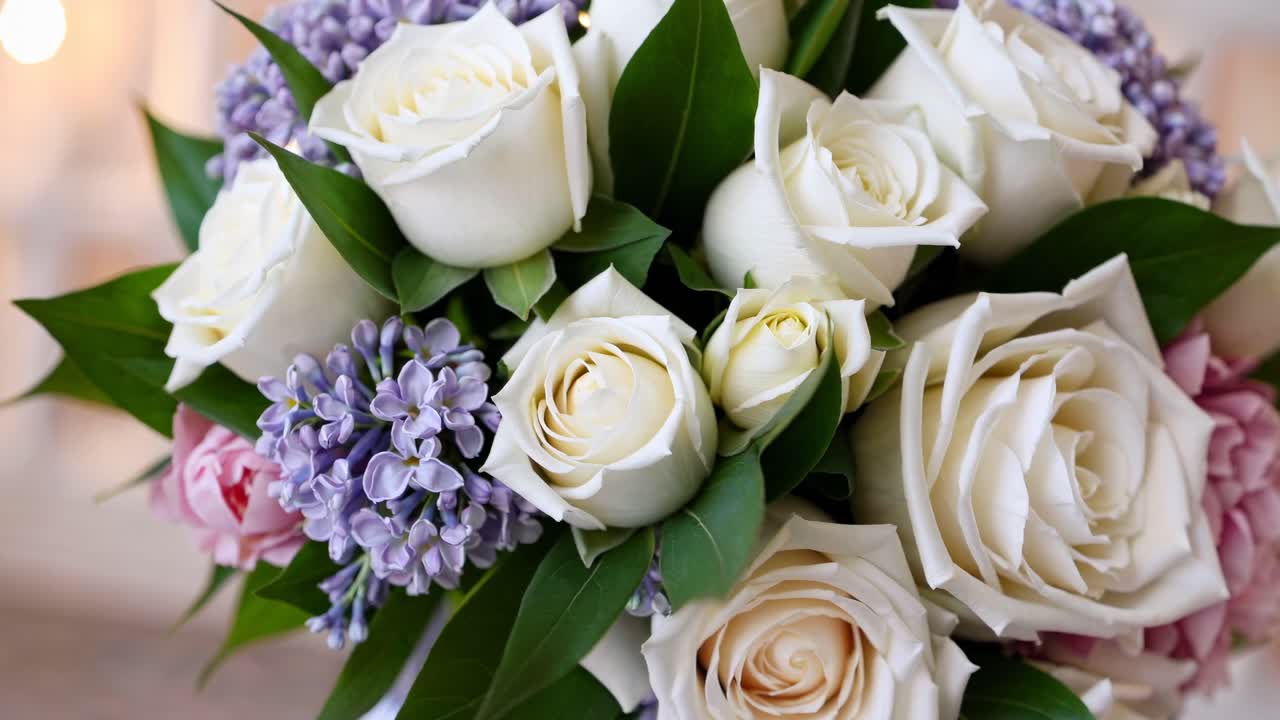 Nærbildevideo av en bukett med hvite roser og lilla blomster, fanget fra en ovenfra-og-ned-vinkel