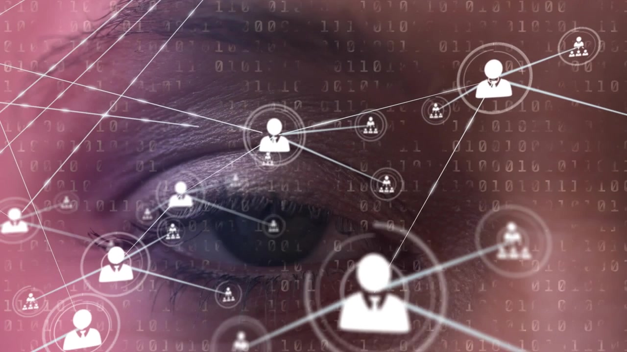 Animation of network of connections with icons and data processing over eye of woman