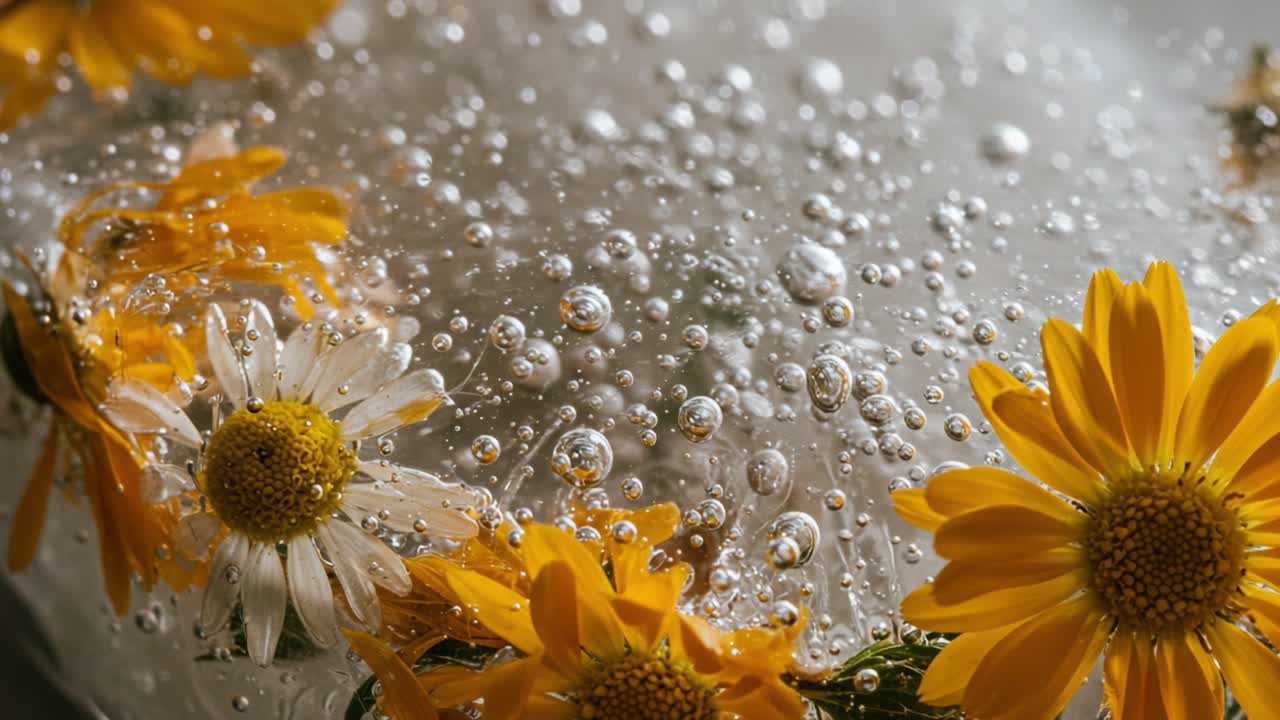 Un primo piano sereno di margherite gialle brillanti e acqua gorgogliante, che cattura l'essenza della natura in un'atmosfera rinfrescante e tonificante.