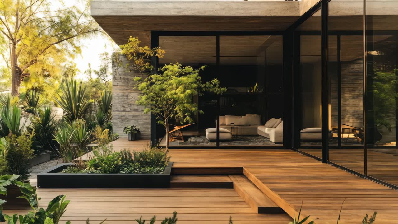 Modern patio with lush greenery and sleek glass walls, captured from a low angle