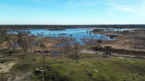 El-Dron-Kalmthoutse-Heide-Vuela-Directamente-Sobre-Los-Humedales-Y-Pasa-Sobre-El-Agua,-Viendo-A-Una-Persona-Caminando-Por-El-Sendero