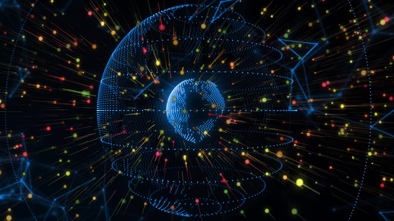 Glowing digital globe surrounded by colorful data points and lines animation