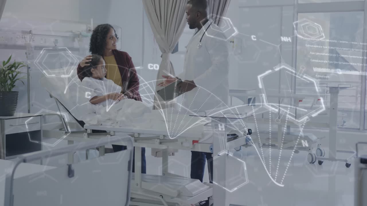animación del procesamiento de datos médicos sobre un médico afroamericano con una paciente