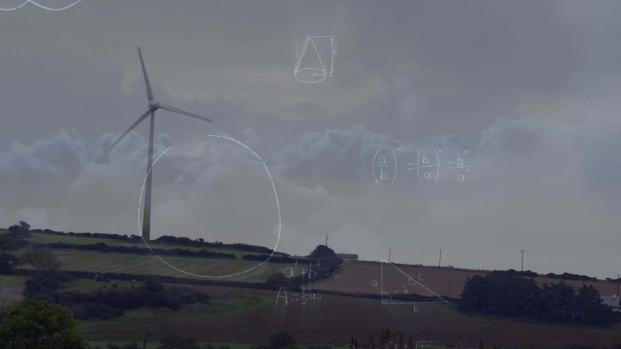 하늘의 구름에 대한 회전하는 풍차 위의 수학적 방정식의 애니메이션
