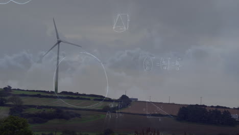 animación de ecuaciones matemáticas sobre un molino de viento giratorio contra nubes en el cielo