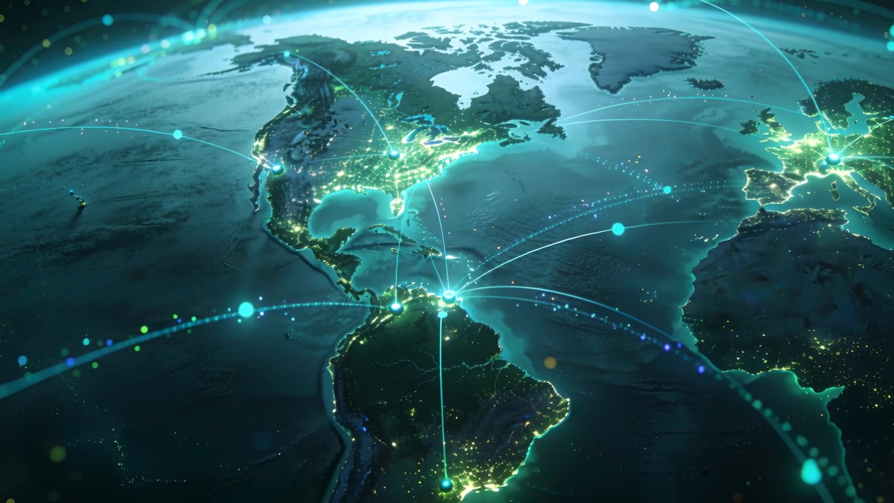 Receiving signal, stylized globe sending teal arcs and pulses over Americas for data, showing hub