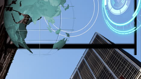 animation of scope scanning and globe over cityscape