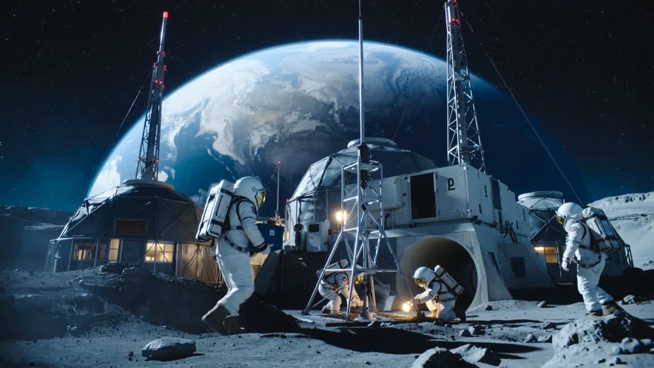 Approaching left astronaut carrying gear crate, suited crew kneeling and securing airlock moon base
