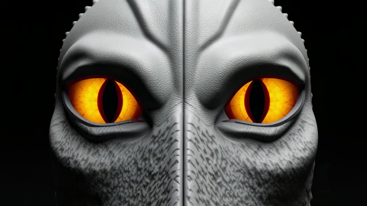 Materializing in darkness, reptilian face intensifying showing glowing amber-yellow eyes and snout