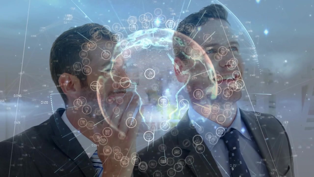 Uomo che alza la mano avviando la costruzione di un globo olografico, partner commerciali che monitorano le connessioni dati.