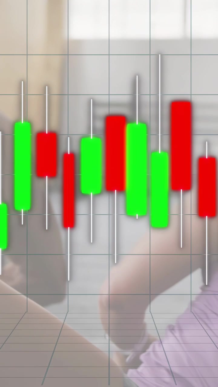Vertical video: Male reaching KB woman doing reps for support finance chart overlay covering bodies