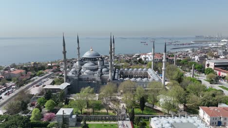 renovated blue mosque and hagia sophia drone video, april 2022 fatih, istanbul turkey