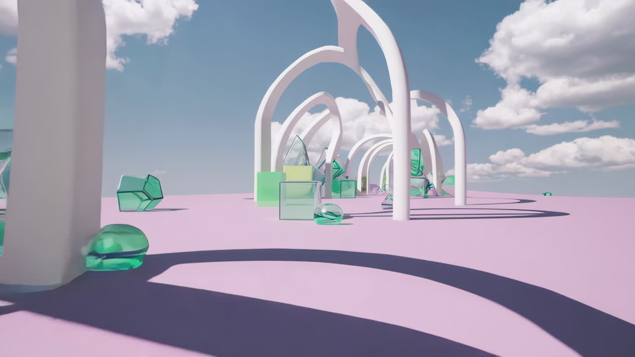 Surreal Pastel Landscape with Arches and Iridescent Geometric Forms