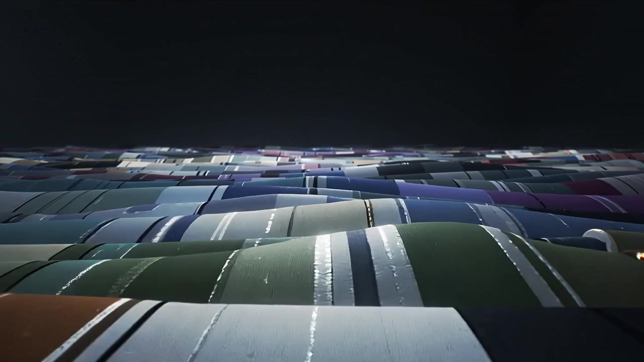 Sweeping camera revealing glossy striped panels rippling to horizon in studio showing wave pattern
