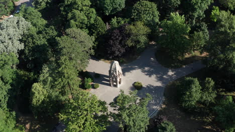 Rotating,-aerial-shot-of-gothic-tower---Landmark-in-Bratislava,-capital-of-Slovakia---summer-sunny-day