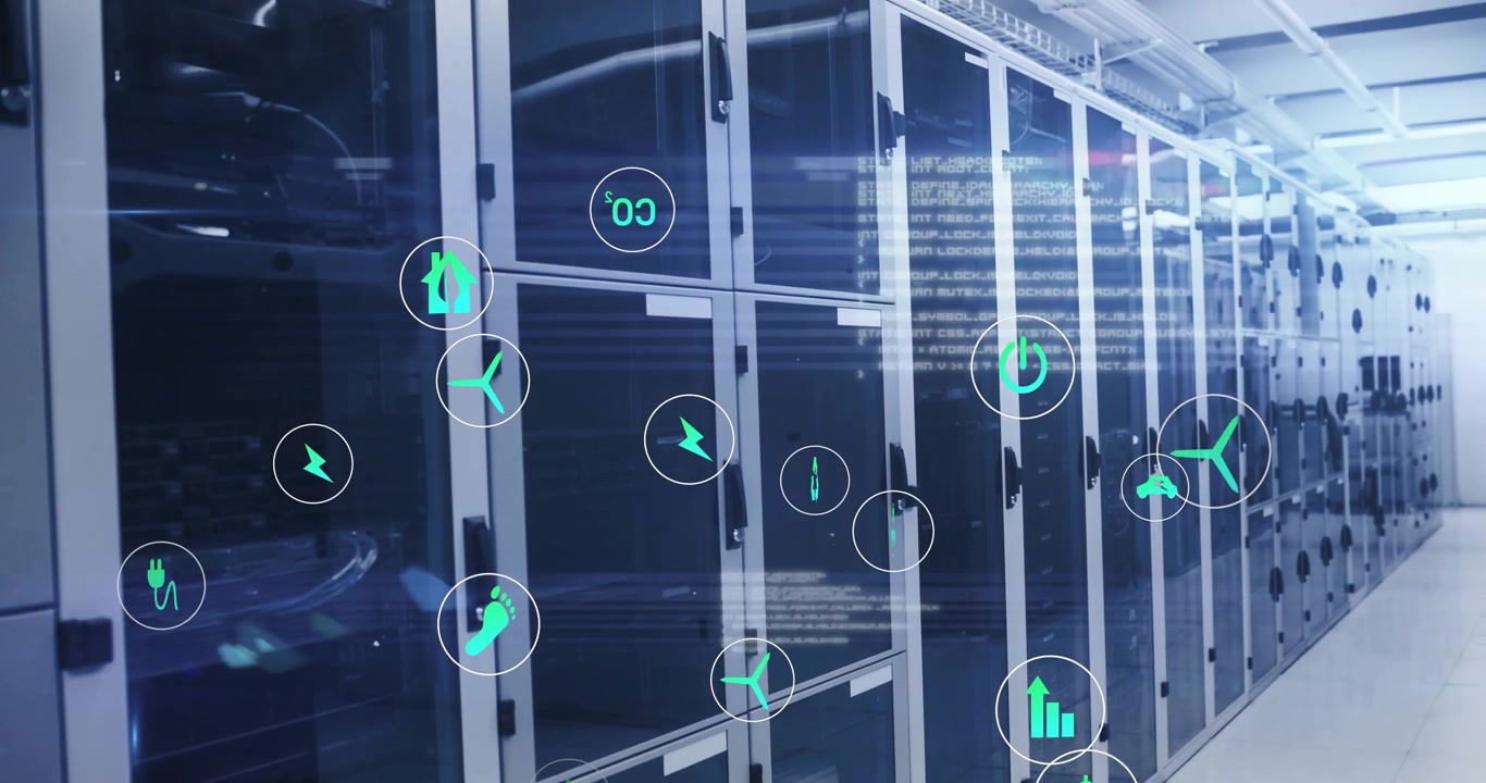 Green plug icon appearing at left edge starting icons swirling over racks showing energy cost