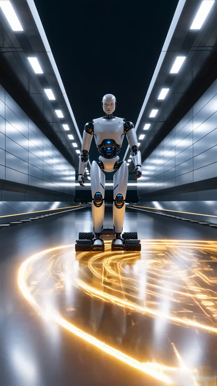 Robot in a Futuristic Digital Corridor