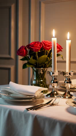 romantic candlelit dinner setting with red roses