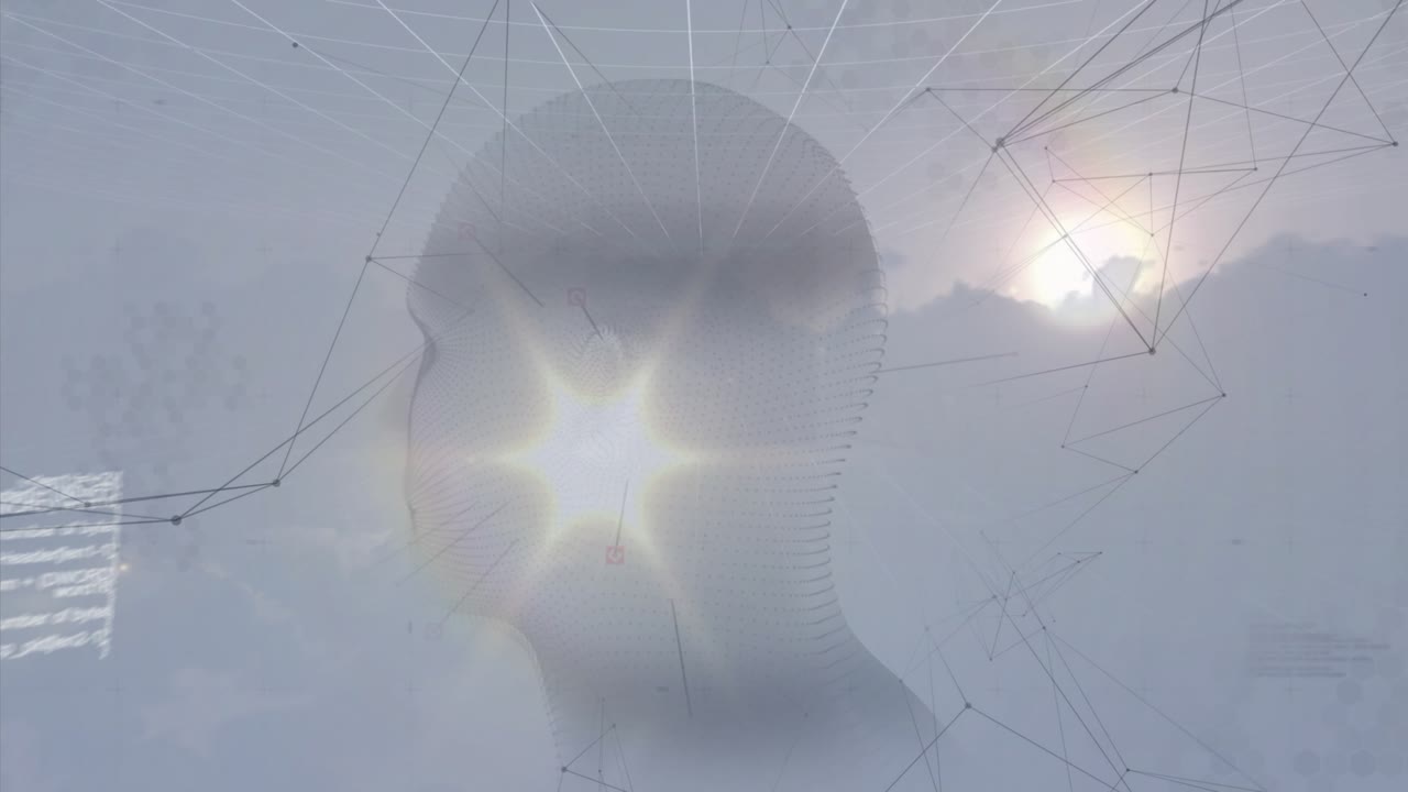 Un'orbita appare, avviando una panoramica della telecamera attorno a una testa poligonale, con una griglia pulsante e glitch che si propagano.