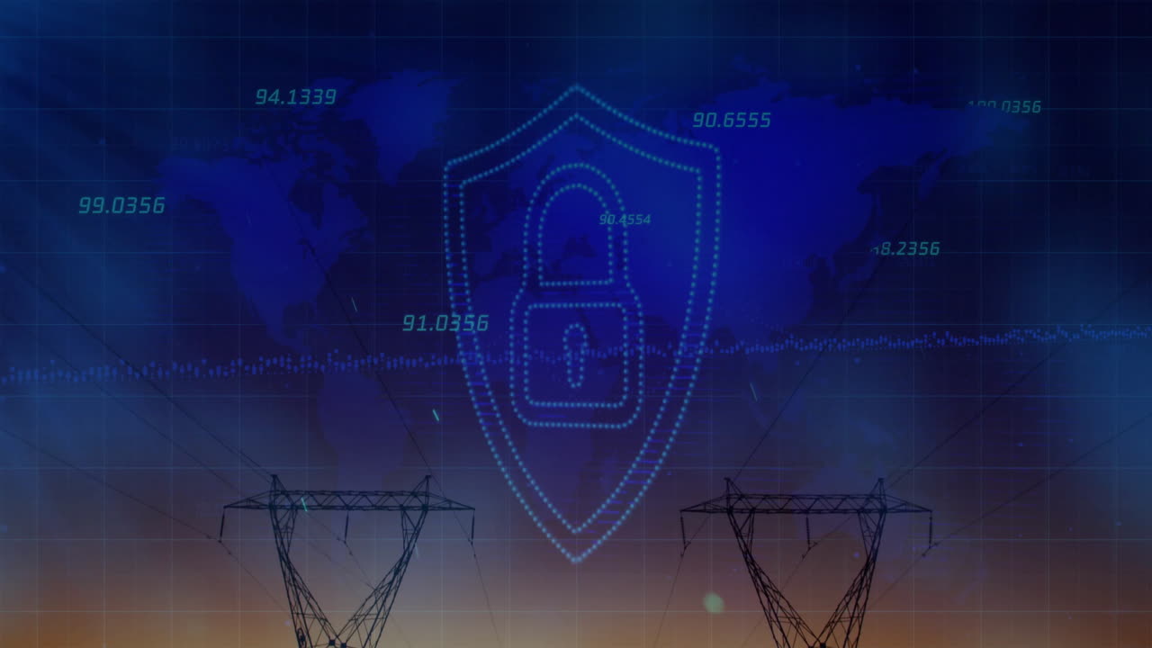 Digital lock and data animation over world map and power lines