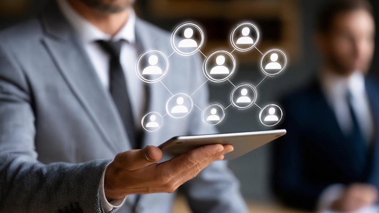 A business professional uses a tablet to demonstrate digital networking concepts, showcasing connections between individuals through dynamic avatars in a corporate setting.