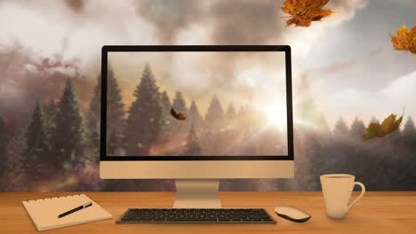 animation of leaves falling over computer screen and forest