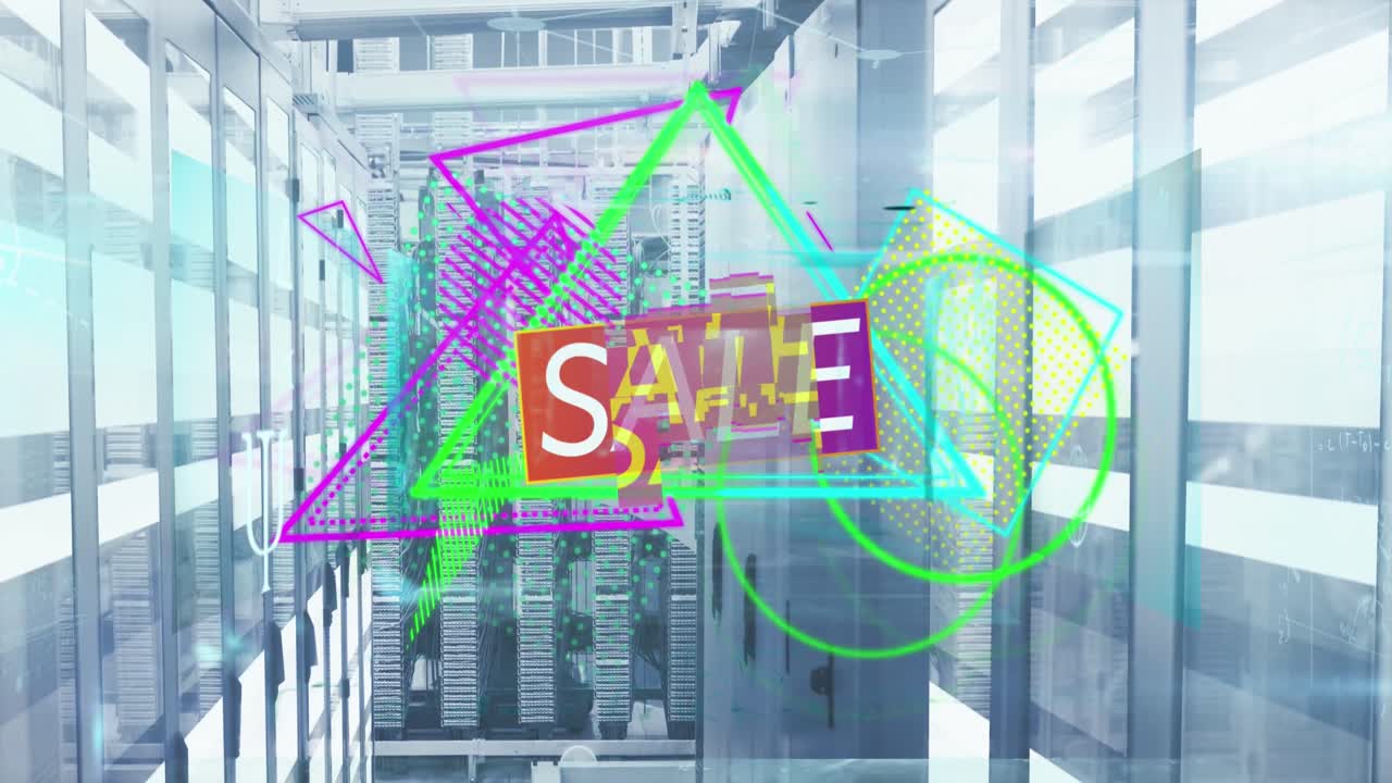 컴퓨터 서버 에 대한 추상적인 네온 모양 위에 판매 텍스트 배너의 애니메이션