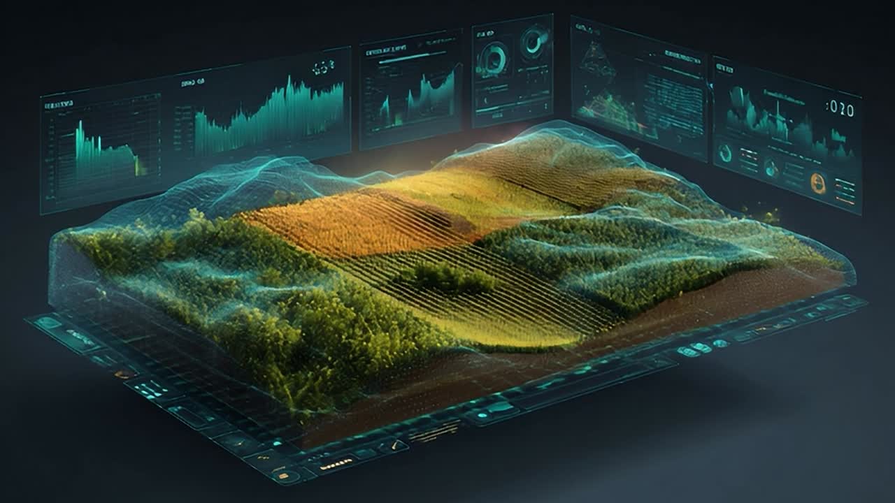 Digital landscape visualization showcasing agricultural data analysis
