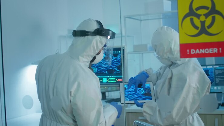 Scientists in coverall standing behind the glass wall working in danger area of lab