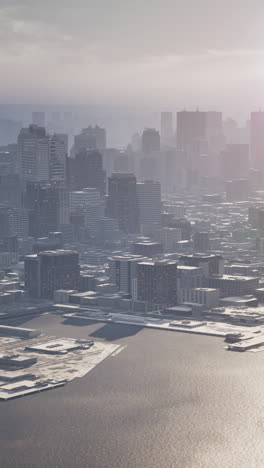 aerial view of a city skyline with fog and snow