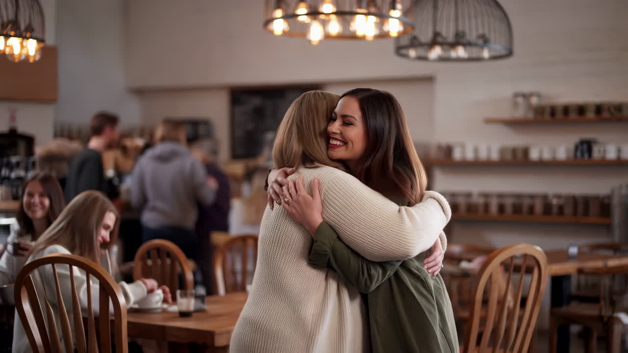 Two women hugging in a cafe